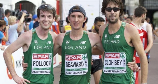 Ireland’s team for the men’s marathon - Paul Pollock, Kevin Seaward and Mick Clohisey. Photograph: Inpho