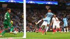 Fabian Delph of Manchester City scores  in the  Champions League playoff second leg match against Steaua Bucharest at Etihad Stadium. Photograph: Michael Regan/Getty Images