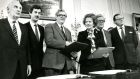 Analysts agree the late  minister for foreign affairs Peter Barry (far left) played a key role during the Anglo Irish Agreement negotiations. This photograph from the signing of the agreement in 1985 shows (left to right) Peter Barry, tánaiste Dick Spring, taoiseach Garret Fitzgerald, British prime minister Margaret Thatcher, British foreign minister Geoffrey Howe, and secretary of state Tom King.