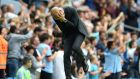 Manchester City manager Pep Guardiola reacts during the  Premier League  match  against West Ham United at the Etihad Stadium. Photograph: Peter Powell/EPA 