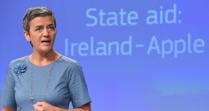 EU competition commissioner Margrethe Vestager announces the order that Apple pay €13 billion to Ireland. Photograph: AFP/John Thys/Getty Images