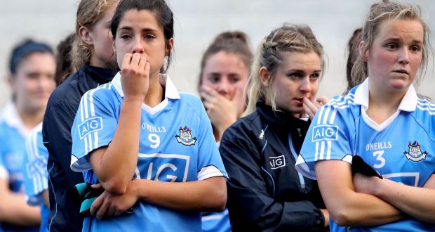 The Dublin team left dejected after the game. Photograph: Ryan Byrne/Inpho