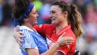 Cork’s Annie Walsh consoles Dublin’s Niamh McEvoy after the women’s All-Ireland football Final at Croke Park. Photograph: Brendan Moran/Sportsfile 