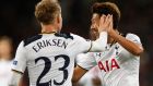 Christian Eriksen and Son Heung-Min celebrate Tottenham’s winner in Moscow. Photograph: Reuters