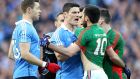 You talkin’ to me, punk? Ibiza-deprived Diarmuid Connolly reds Mayo’s Kevin McLoughlin the riot act at last Saturday’s All-Ireland replay. Photograph: ©INPHO/Cathal Noonan