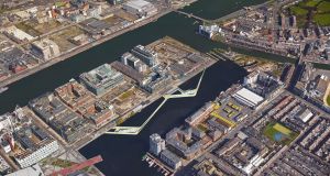 CGI of an urban baths project at Grand Canal Dock prepared by architects Urban Agency