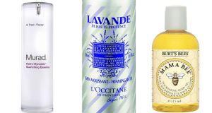 Murad Hydro-Dynamic Quenching Essence (€75); L’Occitane Lavender Foaming Bath (€23 for 500ml); Burt’s Bees Mama Bee Body Oil (€14.95)