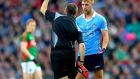 Referee Maurice Deegan black-carding Dublin defender Jonny Cooper during the All-Ireland final replay against Mayo. Photograph: INPHO/James Crombie
