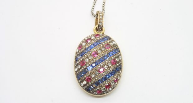 A Victorian locket featuring a lid set with “144 rose cut diamonds, 12 pinkish red Burma rubies and 33 cornflower blue sapphires”, at the Hibernian Antiques Fair at the Talbot Hotel, Stillorgan, Co Dublin,  on October 15th and 16th