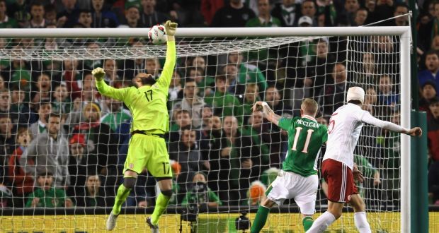 James McClean  hits the crossbar during the World Cup Group D qualifier against  Georgia at Aviva Stadium. Photograph:  Mike Hewitt/Getty Images