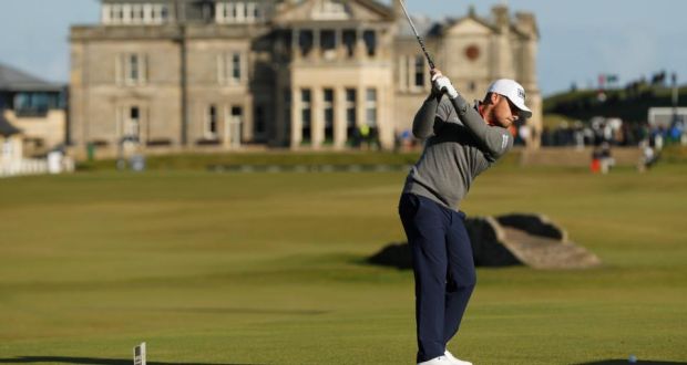 England’s Tyrrell Hatton hits his tee shot on the 18th hole at the Old Course in St Andrews during the third round of the  Alfred Dunhill Links Championship. Photograph: Lee Smith/Action Images via Reuters/Livepic