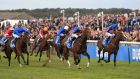Churchill (second right) ridden by Ryan Moore wins The Dubai Dewhurst Stakes ahead of Lancaster Bomber (right) ridden by Colm O’Donoghue at Newmarket.  Photograph: Nigel French/PA
