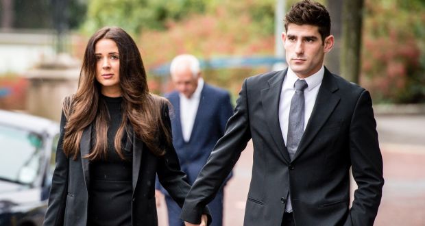 Ched Evans and his partner Natasha Massey at Cardiff Crown Court. Photograph: Ben Birchall/PA