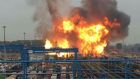 A fire blazes on the premises of the chemical company BASF in Ludwigshafen, Germany, on Monday. Photograph: According to the company, at least one person has been killed, six other people are still missing and at least six were injured. The cause of the explosion is yet to be cleared. Photograph: EPA/Einsatzreport Südhessen