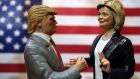 Statuettes depicting presidential candidates Donald Trump and Hillary Clinton in a shop in Via San Gregorio Armeno in Naples, Italy. Photograph: Cesare Abbate/ANSA via AP