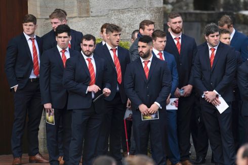 Members of the Munster rugby team attend the funeral service of Munster rugby coach Anthony Foley at St Flannan's church in Killaloe. Photograph: Clodagh Kilcoyne/Reuters
