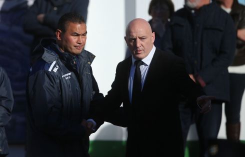 Keith Wood (right) welcomes Connacht Rugby head coach Pat Lam as the coffin of Anthony Foley is brought to repose in St Flannan's Church, Killaloe in Co Clare. Photograph: Niall Carson/PA Wire