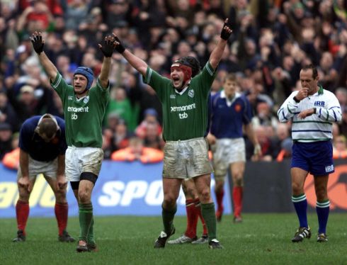 David Humpheys and Anthony Foley celebrate Ireland's victory against France in the RBS 6 Nations at Lansdowne Road in 2003. Photograph: Tom Hevezi/PA Wire
