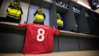The Leinster changing room before the match against Montpellier yesterday  with the Munster number eight jersey in tribute to the late Munster head coach Anthony Foley. Photograph: Billy Stickland/Inpho