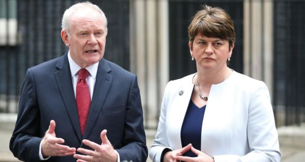 Northern Irish First Minister Arlene Foster and her deputy Martin McGuinness outside 10 Downing Street  after holding talks with British prime minister Theresa May. Photograph: Daniel Leal-Olivas/AFP/Getty Images