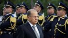 Newly elected Lebanese president Michel Aoun reviews the honour guards upon arrival to the presidential palace in Baabda, near Beirut, on Monday. Photograph: Aziz Taher/Reuters