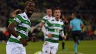 Celtic striker Moussa Dembele celebrates after scoring the equaliser from the penalty spot during the  Champions league Group C  match against  Borussia Mönchengladbach at Borussia-Park. Photograph: Patrik Stollarz/AFP/Getty Images