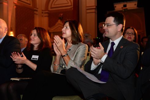 James Brokenshire, British secretary of state for the North, 'The Irish Times' European Correspondent Suzanne Lynch and novelist Aifric Campbell. Photograph: Dara Mac Dónaill/The Irish Times