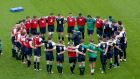 The Ireland players form a ring around Joe Schmidt at the Aviva Stadium as the head coach delivers instructions. Photograph: Billy Stickland/Inpho