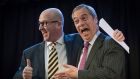 Paul Nuttall (left) is congratulated by Nigel Farage after he was announced as the new Ukip leader at the Emmanuel Centre in Westminster, London. Photograph: Stefan Rousseau/PA Wire