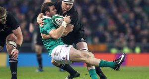 New Zealand’s Sam Cane escaped punishment for his tackle on Robbie Henshaw which ended the Leinster centre’s involvement in the recent Autumn International at the Aviva Stadium. Photograph: Billy Stickland/ Inpho