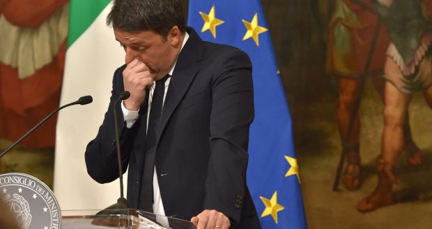Italy's Prime Minister Matteo Renzi announces his resignation during a press conference at the Palazzo Chigi following the results of the vote for a referendum on constitutional reforms, on December 4, 2016 in Rome. "My experience of government finishes here," Renzi told a press conference after the No campaign won what he described as an "extraordinarily clear" victory in the referendum on which he had staked his future. / AFP PHOTO / Andreas SOLAROANDREAS SOLARO/AFP/Getty Images
