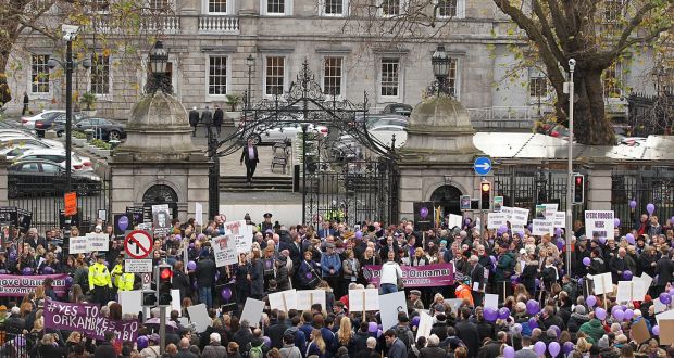 Protesters outside Leinster House calling for Orkambi to be provided to people with cystic fibrosis. Photograph: Collins 