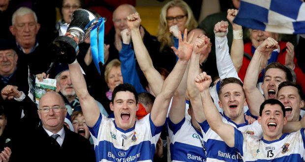 St Vincent’s captain Diarmuid Connolly lifts the trophy after the win over Rhode in the Leinster Senior Club Football Championship Final at O’Moore Park. Photograph: Ryan Byrne/Inpho