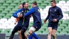 Leinster’s sa Nacewa with Sean O’Brien during the Captain’s Run ahead of their European Champions Cup clash with Northampton Saints. Photo: Tommy Dickson/Inpho