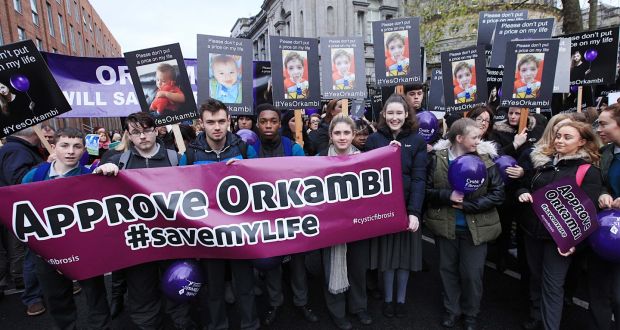 Protest in support of people with cystic fibrosis and the campaign for Orkambi drug therapy approval in Ireland at Leinster House earlier this month. Photograph: Stephen Collins/Collins Photos