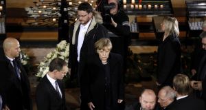 German chancellor Angela Merkel arrives at a church service at the church of remembrance at Breitscheidplatz where a lorry ploughed through a Christmas market killing 12. Photograph: Getty Images 
