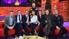 Olympic rowing silver medallists  Gary and Paul O’Donovan (left and second left) with host Graham Norton and other guests on the set  of the Graham Norton New Year’s Eve show. Photograph: PA