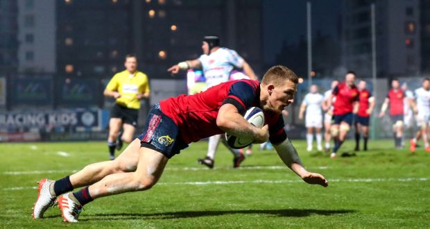Andrew Conway scores Munster’s third try against Racing 92 during the European Champions Cup game at Stade Yves-du-Manoir, Paris on Saturday. Photograph: James Crombie/Inpho.