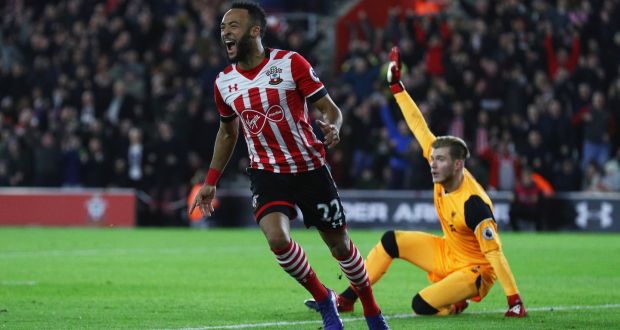Nathan Redmond celebrates his goal for Southampton in the EFL Cup semi-final first leg match against Liverpool at St Mary’s Stadium. Photograph: Ian Walton/Getty Images