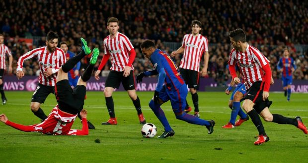 Barcelona’s Neymar has the Athletic Bilbao defence in knots during their Copa del Rey clash at the Nou Camp. Photo: Albert Gea/Reuters
