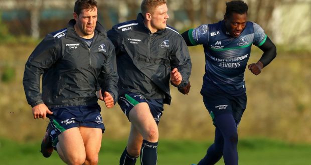 Craig Ronaldson, Steve Crosbie and Niyi Adeolokun during Connacht training ahead of their Champions Cup clash with Zebre. Photo: James Crombie/Inpho