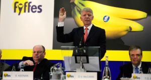 Fyffes chairman David Mc Cann, flanked by company secretary Seamus Keenan and non-executive director Tom Murphy,  at the company’s egm in a Dublin hotel on Monday. Photograph: Cyril Byrne