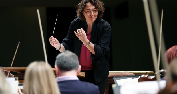 French conductor Nathalie Stutzmann, newly announced principal guest conductor of the RTÉ National Symphony Orchestra, rehearses with the orchestra at the National Concert Hall. Photograph: Maxwell Photography