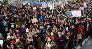 Crowds in Dublin marching in support of the international Women’s March on Washington. Photograph: Dara Mac Dónaill 