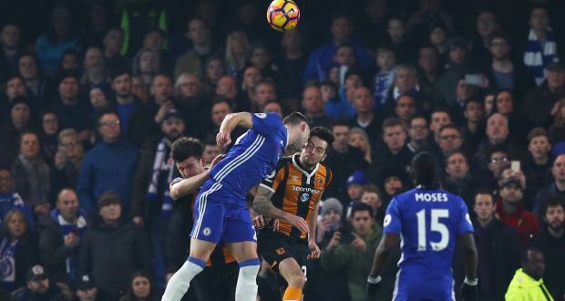 Chelsea’s Gary Cahill clashes heads with   Ryan Mason of Hull City during a Premier League match  at Stamford Bridge. The Hull player is conscious and communicating after undergoing surgery in a London hospital. Photograph:    Clive Rose/Getty Images
