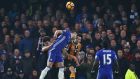Chelsea’s Gary Cahill clashes heads with   Ryan Mason of Hull City during a Premier League match  at Stamford Bridge. The Hull player is conscious and communicating after undergoing surgery in a London hospital. Photograph:    Clive Rose/Getty Images