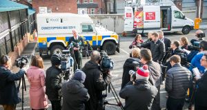 Police Service of Northern Ireland chief constable George Hamilton speaks to reporters  following the attempted murder of a police officer in Belfast. Photograph: PA