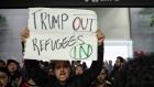 A protest at the arrivals hall of San Francisco’s SFO International Airport after people arriving from Muslim-majority countries were held at the border control as a result of the new executive order. Photograph: Peter Dasilva/EPA