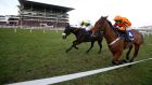 Many Clouds (yellow/green) narrowly beats Thistlecrack (orange) at Cheltenham last Saturday. Sadly, Many Clouds died  just after the race.  Photograph: Alan Crowhurst/Getty Images