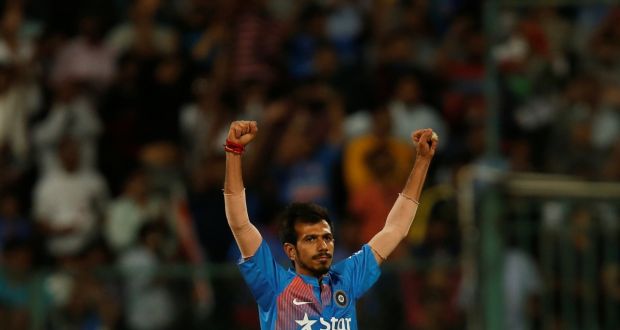 India’s Yuzvendra Chahal celebrates the wicket of England captain Eoin Morgan in the third T20 International at M Chinnaswamy Stadium, Bengaluru, India. Photograph: India